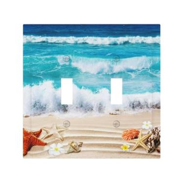 Imagem de Sea Ocean Beach Wave Starfish Seashell 2 Gang Double Toggle Light Switch Cover Decorative Wall Plate Electrical Front Plate for Country Farm Bathroom Home Room Decor