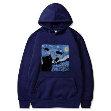 Imagem de Moletom Com Capuz De Lã Grande Masculino Estrelado Gato Noite Estampa 