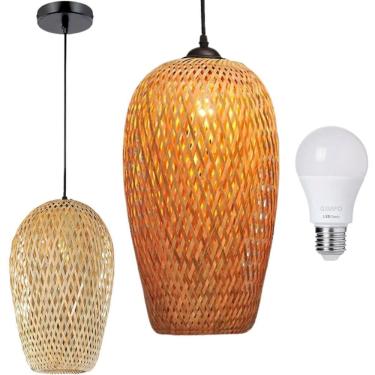 Imagem de Lustre Pendente Bambu 37Cm Fibra Natural Luminária Teto