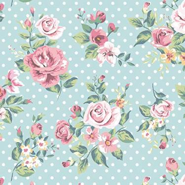 Imagem de Papel De Parede Rosa Floral Azul Bolinhas Autocolante 12m