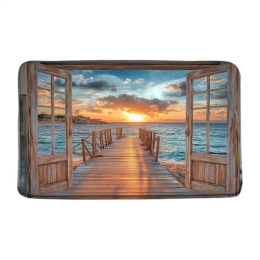 Imagem de JWJAMM Tapete de banho Ocean Beach, pôr do sol rústico, madeira marrom, janela, janela, ilha havaiana, pôr do sol, banheiro, cozinha, tapete de espuma viscoelástica, 43 x 74 cm