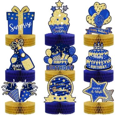 Imagem de 9 peças de decoração de mesa de aniversário de ouro azul e dourado para aniversário e colmeia centrais de mesa com glitter, decorações de festa azul e dourada para chá de bebê infantil, suprimentos de aniversário para homens e mulheres