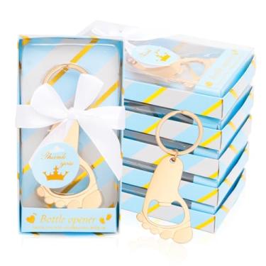 Imagem de 24 peças abridor de garrafa de chá de bebê, chaveiro de pegada de bebê, lembrancinhas de festa para meninos e meninas, aniversário, convidados de casamento, lembranças, presentes de devolução (azul)