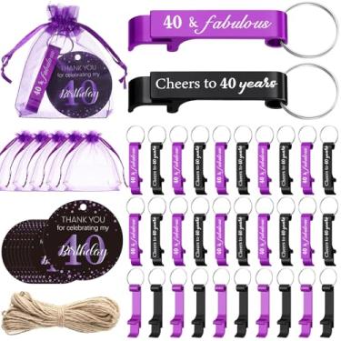 Imagem de Romooa 60 conjuntos de chaveiro abridor de cerveja de aniversário preto roxo com sacos e cartões de agradecimento, lembranças de 50 anos para convidados (40º)