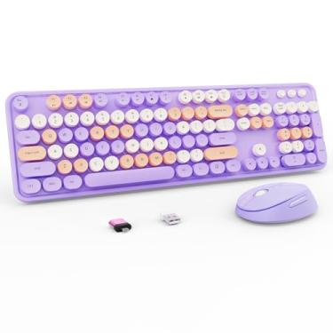 Imagem de Nowlike Combo de teclado e mouse sem fio, teclado de máquina de escrever retrô com teclas redondas, ergonômico de tamanho completo, roxo, ideal para Windows PC, casa, escritório e faculdade, combo de