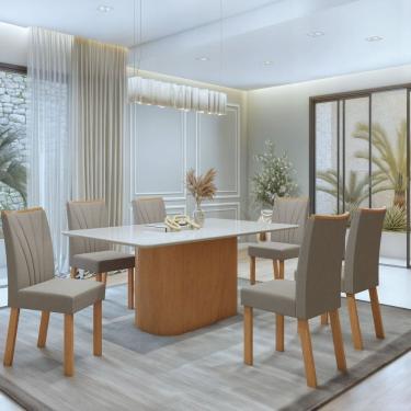 Imagem de Conjunto Luar 170cm Tampo MDF com Vidro e 6 Cadeiras Apogeu Amêndoa Clean/Off White/Capuccino