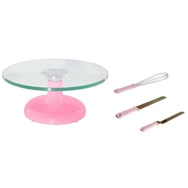 Imagem de Bailarina Giratória De Vidro P/Decorar Rosa Claro + Espátulas com Curva e Lisa + Batedor de Bolos