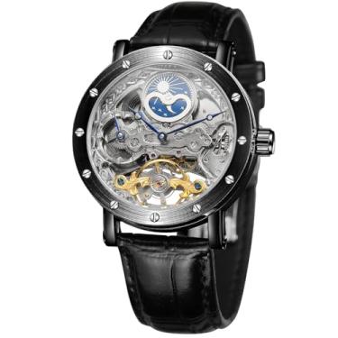 Imagem de FORSINING Relógio masculino automático turbilhão esqueleto relógio de pulso fase da lua (fase da lua, prata, preto), Moderno