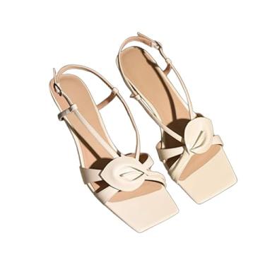 Imagem de Archicolor Sandálias minimalistas francesas retrô douradas de 4 cm de salto alto modernas elegantes de couro bovino sandálias de verão sapatos femininos, Bege, 37