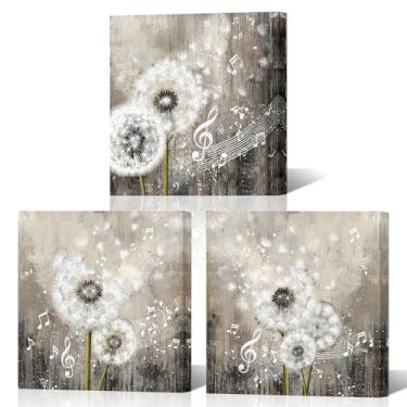 Imagem de NutArtPic Arte musical de parede de dente-de-leão impressões em tela pinturas de notas musicais arte floral estilo vintage, conjunto de 3 peças, fundo cinza 30 x 30 x 3 peças (pequeno)