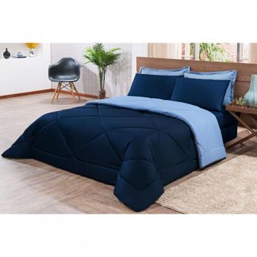 Imagem de Kit Edredom + Jogo De Lençol Aconchego Dupla Face Solteiro 04 Peças - Azul Marinho E Azul