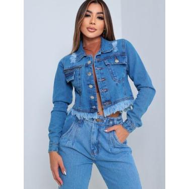 Imagem de Jaqueta Crooped Jeans Feminina Barra Desfiada Detalhe em Zíper - SELLE