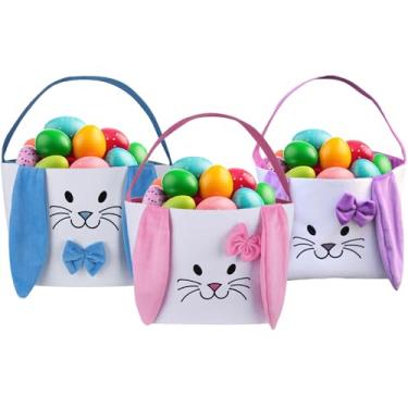 Imagem de JugntyAc Cesta De Coelho Páscoa Com 3 Peças Para Crianças - Bolsa Lona Algodão Transporte Presentes E Caça Aos Ovos, Orelhas Pelúcia Longas, Brinquedos Estampados, Sacolas Meninas Meninos (Rosa, Rox