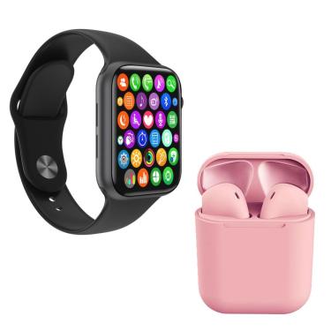 Imagem de Kit 1 Smartwatch Iwo 8 Preto + 1 Fone Bt I12 Rosa