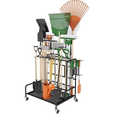 Imagem de Organizador de ferramentas de jardim com rodas de até 39 ferramentas, organizador de ferramentas de jardim de aço resistente para armazenamento de garagem com 12 ganchos, suporte de vassoura e rack de