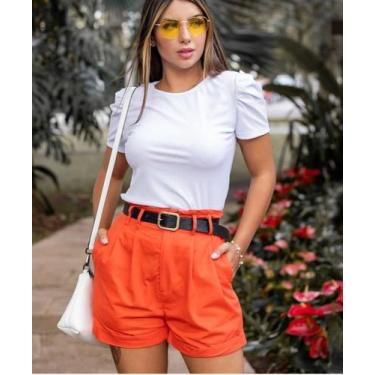 Imagem de Blusa feminina manga princesa bufante curta malha canelada gola rasa -