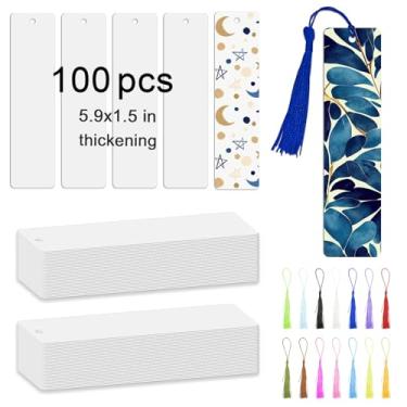 Imagem de Marcador de livro de sublimação em branco 15,9 x 1,12,7 x 0,65 mm, transferência de calor, alumínio, metal, marcadores de livro a granel DIY com furo e borlas coloridas para artesanato, borlas