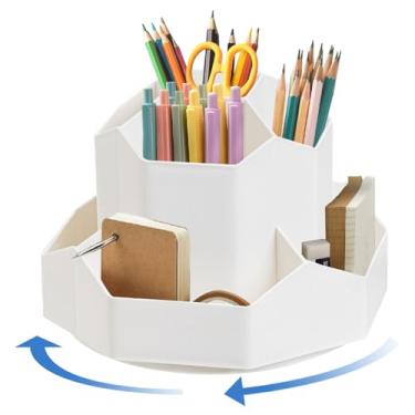 Imagem de Porta-lápis giratório de plástico com 9 grades, multifuncional, suporte de pincéis de maquiagem de grande capacidade, organizador de artigos de papelaria para casa, escritório, bege