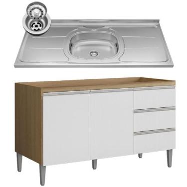 Imagem de Balcão de Cozinha com Pia Inox 120cm Andréia Amêndoa/Branco - AJL Móve