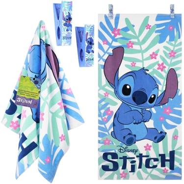 Imagem de Disney Stitch Toalha de praia para crianças toalhas de banho de algodão com 2 alfinetes de roupas toalha de natação secagem rápida essenciais para férias de praia