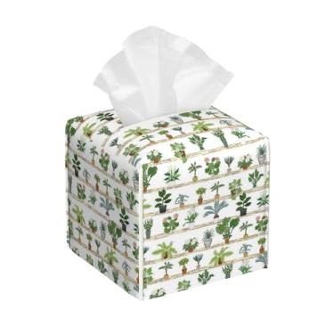 Imagem de Suporte de caixa de lenços de plantas verdes em vasos, capa quadrada de couro com cinto inferior, organizador de guardanapo moderno à prova d'água para mesa de cabeceira de banheiro, mesa de