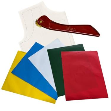 Imagem de 5 folhas de papel vegetal de 5 cores para costura de papel de carbono com roda de rastreio de tecido para costura de alfaiate artesanato cruz 23 x 28 cm folhas de transferência tecido, madeira, couro