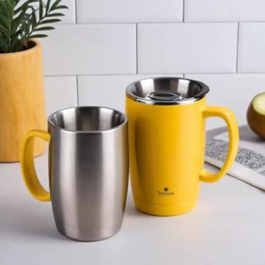 Imagem de Caneca Térmica Parede Dupla em Aço Inox Amarela 450ml com Tampa Rosqueável - Estilo Premium