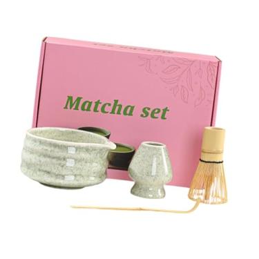 Imagem de IEUDNS Conjunto de tigela de cerâmica Matcha com bico, elegante e resistente, kit completo tradicional de acessórios para mesa, cozinha familiar, presente, Verde Cinza