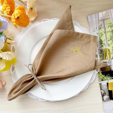 Imagem de DerF HOME Guardanapos De Pano 100% Linho Puro Bordado Conjunto 4,18 X 18" Amarelo Mostarda, Feitos À Mão Com Lavável Máquina Macio E Durável