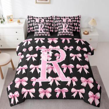 Imagem de Conjunto de edredom 3D, letra R, tamanho casal, com laço rosa e preto, conjunto de cama de 7 peças com laço estético e laço fofo e moderno, monograma feminino em uma bolsa (R)