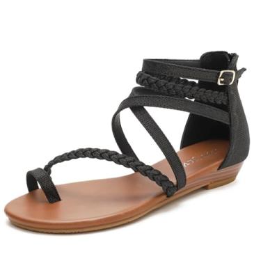 Imagem de Sandálias femininas, sandálias gladiadoras de verão, chinelos baixos femininos, bico aberto, casual, praia, com suporte de arco, para namoradas e mães(Black,42 EU)
