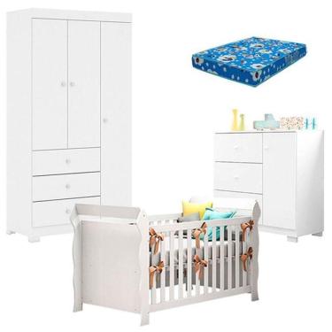 Imagem de Quarto De Bebê Duda 3 Portas E Berço Americano Lara Branco Brilho Com Colchão Ortobom – Phoenix Baby