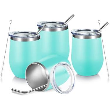 Imagem de COMOOO Conjunto de 4 copos de vinho isolados de 340 g com tampa e canudo copo de vinho de aço inoxidável sem haste para bebidas quentes e frias, champanhe, coquetéis (azul, pacote com 4)