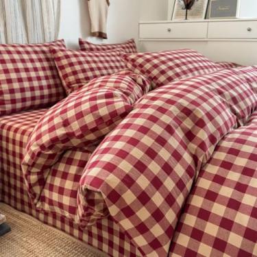 Imagem de PinkMemory Conjunto de capa de edredom de guingão vermelho, 100% algodão lavado, bege, xadrez, 3 peças, conjunto de cama de guingão moderno, com fecho de zíper, ultramacio, respirável