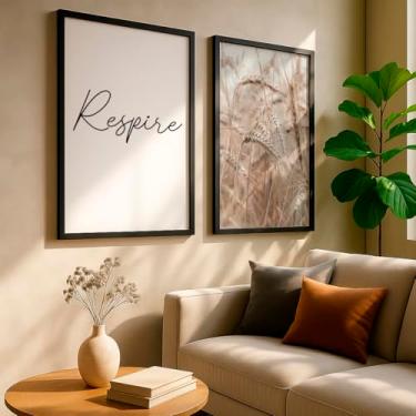 Imagem de 1. Kit 2 Quadros Decorativos Respire Natureza Trigo Bege Minimalista Clean Calmante Parede Quarto Com Moldura