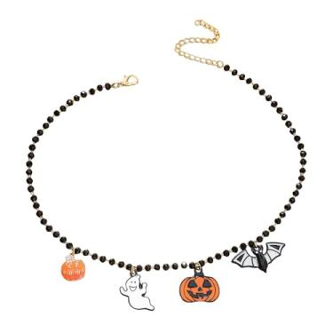 Imagem de Kokoma Colar com pingente de morcego fantasma de abóbora para mulheres, pingentes de borla, contas pretas, colar gargantilha para festa de Halloween, bijuteria de fantasia festiva