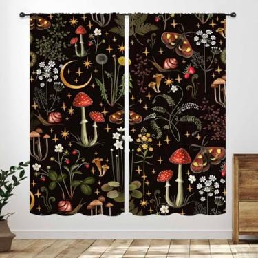 Imagem de Cortinas de cogumelo, retrô, botânica, floresta, flores, plantas, ervas, casa de fazenda, chalé rural, cortinas pretas, tratamentos para cozinha, quarto, sala de estar, banheiro, janela, 2 painéis