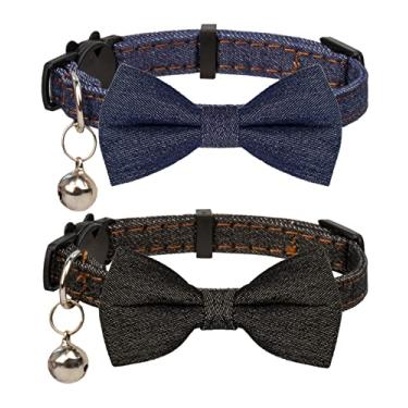 Imagem de Gyapet Coleira para gatos com grande gravata borboleta sino segurança breakaway azul básico sólido gatinho animal de estimação menino menino [2 peças] conjunto escuro