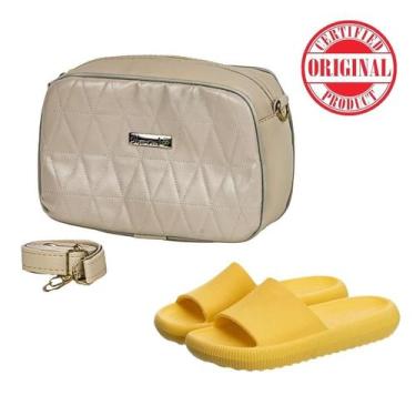 Imagem de Kit Mini Bag Transversal Matelassê Feminina Bege + Chinelo Nuvem Slide