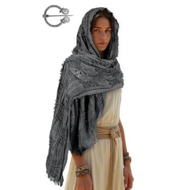 Imagem de UQJE Lenço com capuz medieval cinza deserto deserto xaile pós-apocalíptico com broche viking capô viking renascentista