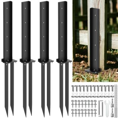 Imagem de Hermsche Kit de 4 estacas de reparo de cerca, âncora de aço resistente e ponta de aterramento durável para reparar suporte de poste de madeira quebrada e inclinado