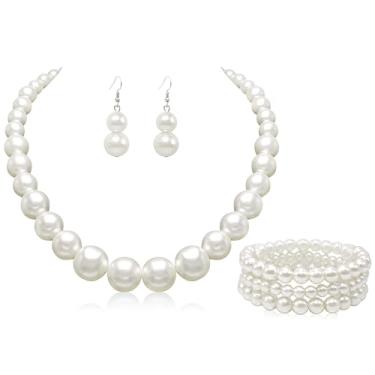 Imagem de Cryshimmer Colar gargantilha de pérolas para mulheres com pérolas falsas, conjunto de brincos, bijuterias, Vidro Pérola sintética Vidro Pérola sintética Pérola branca creme, Sem Pedra Preciosa