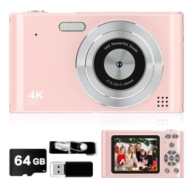 Imagem de Câmera digital infantil 1080p Vlog com 64 GB, cordão, zoom 16x, antivibração, leitor de cartão de 44 MP compacto portátil Point Shoot Digicam para crianças, adolescentes, meninas, meninos, Natal, Dia