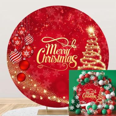 Imagem de Capa de fundo redondo de Natal para fotografia 2,2 m vermelho Feliz Natal círculo arco capa de fundo com glitter balão floco de neve inverno decoração de festa de Natal adereços de retrato de família