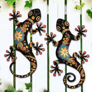 Imagem de Decoração de metal Gecko ao ar livre - Pacote com 2 esculturas de lagarto de metal de 30 cm para decoração interna ou externa, decoração de parede de varanda e cerca de jardim