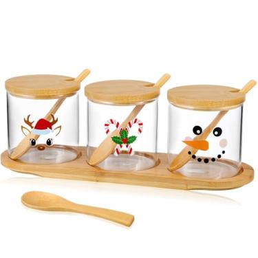 Imagem de Potchen 3 recipientes de condimento de Natal com ranhuras, potes de condimento, potes de vidro com tampas de bambu, base de colher, recipiente de vidro de 293 ml, para casa, cozinha, café