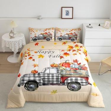 Imagem de Erosebridal Conjunto de edredom de outono de Ação de Graças, caminhão, búfalo, para crianças, meninos, meninas, adolescentes, adultos, pintura a óleo, outono, folhas e 2 fronhas, tamanho Queen