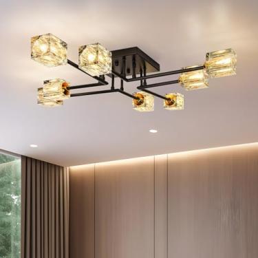 Imagem de Luminária de teto com 8 luzes de montagem semiembutida, luminária preta para sala de jantar, lustres de cristal modernos para quarto, sala de estar, cozinha