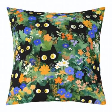 Imagem de jejeloiu Capa de almofada fofa de gato preto 40,6 cm x 40,64 cm 1 pç capa de almofada floral para meninos meninas adolescentes desenho kawaii animal arte decoração fronha decoração de casa