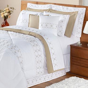 Imagem de Kit Edredom Damasco Queen Branco e Bege - 11 Peças